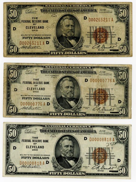 THREE 1929 $50 NATIONAL CURRENCY CLEVELAND NOTES (1 of 2)