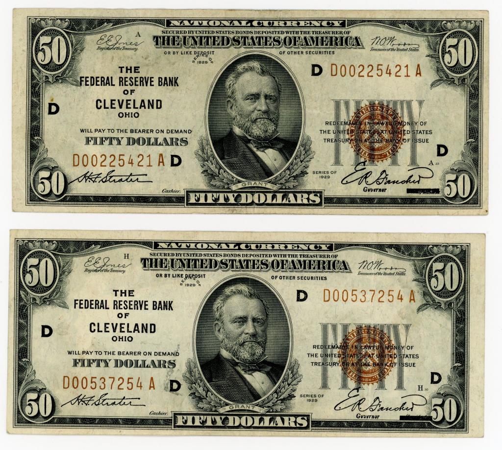 TWO 1929 $50 NATIONAL CURRENCY CLEVELAND OH NOTES (1 of 2)