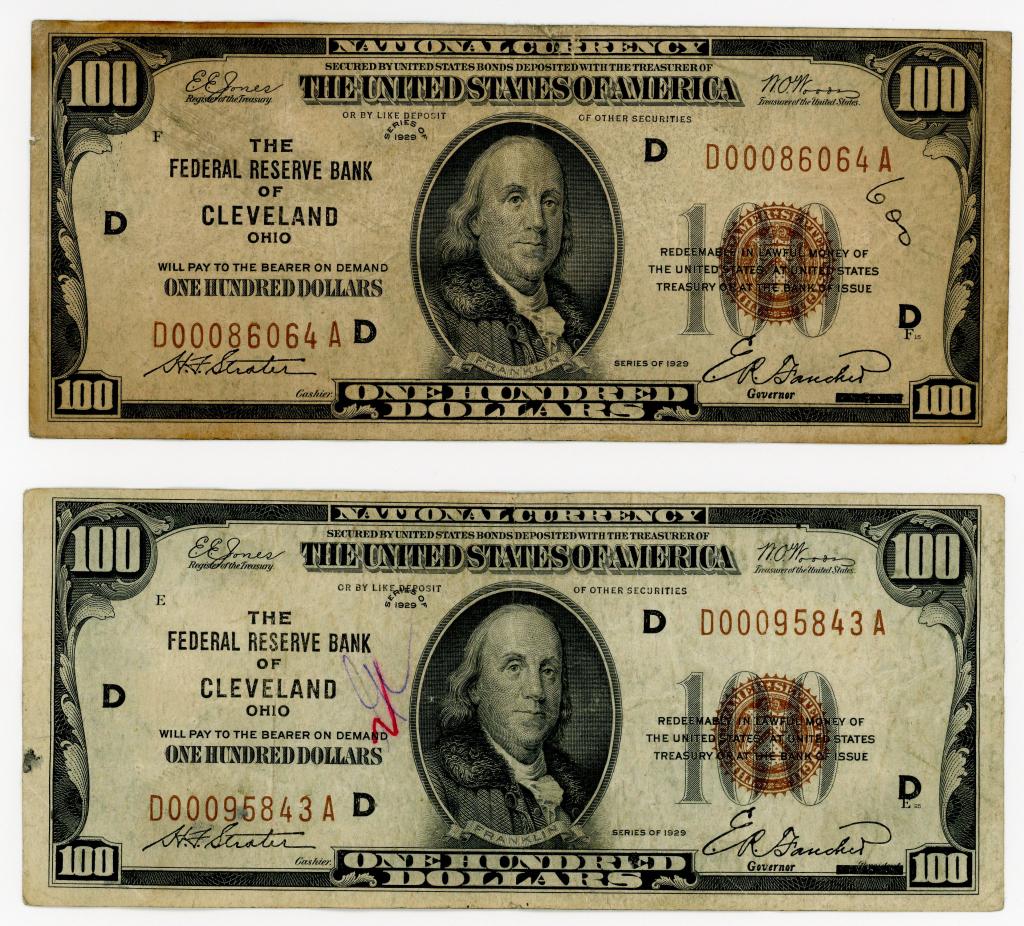 TWO 1929 $100 NATIONAL CURRENCY CLEVELAND OH NOTES (1 of 2)
