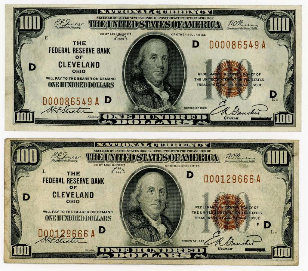 TWO 1929 $100 NATIONAL CURRENCY CLEVELAND OH NOTES (1 of 2)