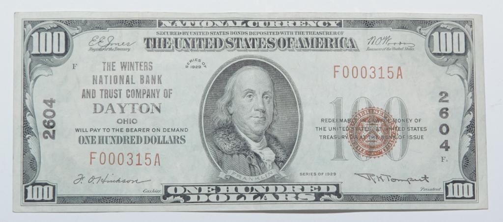 1929 $100 NATIONAL CURRENCY DAYTON OHIO BANK NOTE: 1929 Winters National Bank and Trust Company of Dayton Ohio $100 national currency note.