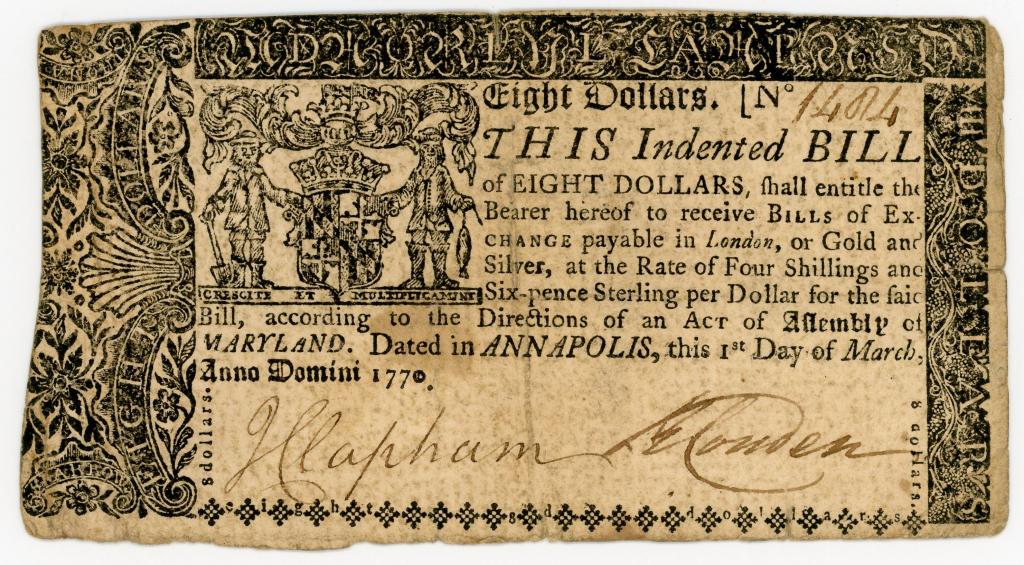 1770 MARYLAND EIGHT DOLLARS COLONIAL CURRENCY NOTE (1 of 2)