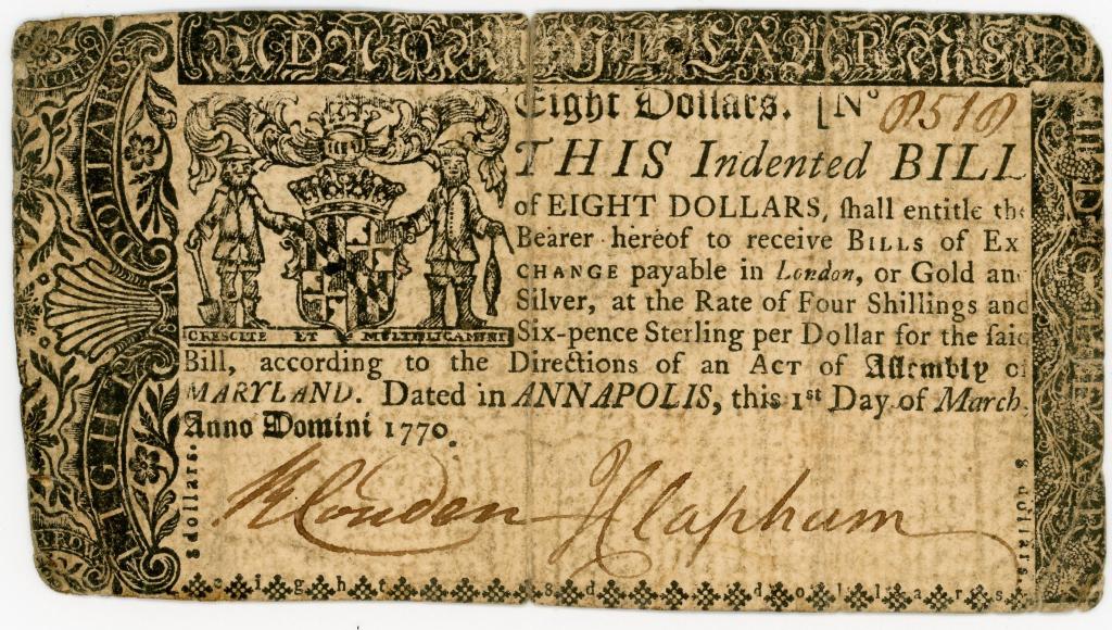 1770 MARYLAND EIGHT DOLLARS COLONIAL CURRENCY NOTE (1 of 2)