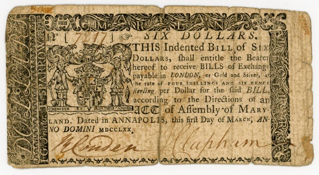 1770 MARYLAND SIX DOLLARS COLONIAL CURRENCY NOTE (1 of 2)