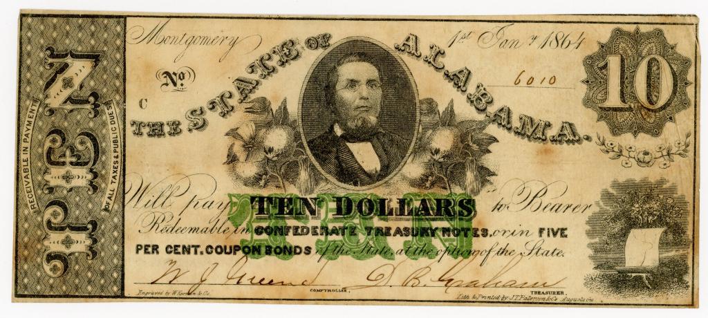 ALABAMA, MONTGOMERY 1864 $10 CONFEDERATE NOTE (1 of 2)