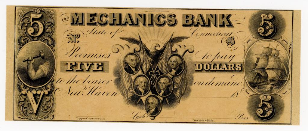 CONNECTICUT, NEW HAVEN MECHANICS BANK $5 NOTE (1 of 2)