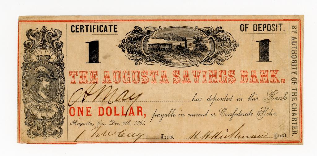 1861 GEORGIA, AUGUSTA SAVINGS BANK $1 NOTE (1 of 2)
