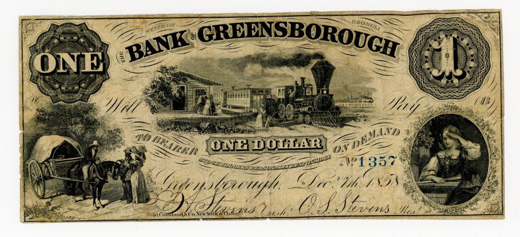 1858 GEORGIA, BANK OF GREENSBOROUGH $1 NOTE: The Bank of Greensborough, Georgia $1 dollar note. Dated December 7, 1858 and has a train station depicted in the center. Stamped serial number is 1357.