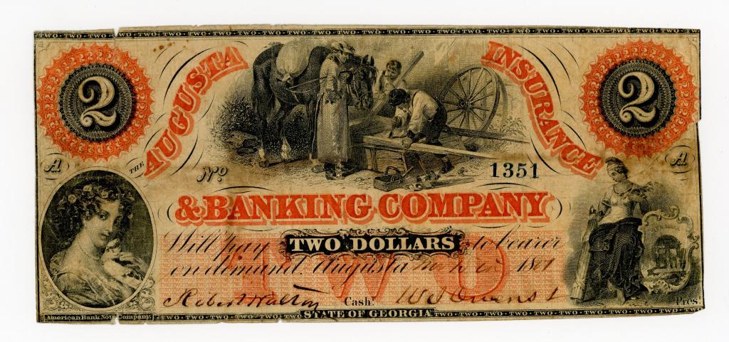 GEORGIA, AUGUSTA INSURANCE & BANKING CO $2.00 NOTE: Ca. 1850. Augusta Insurance & Banking Company $2 note. Central scene depicts two workers repairing a wagon while the horse and rider watch. Bottom right scene shows Lady Liberty seated next to a mirro