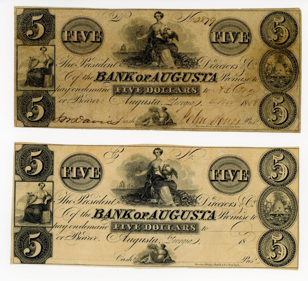 TWO GEORGIA, BANK OF AUGUSTA $5 NOTES: Two Bank of Augusta $5 notes. Printed by Rawdon, Wright, Hatch, and Edson, New York. One has been filled out and is signed, serial no. 2879. The other has not been used.