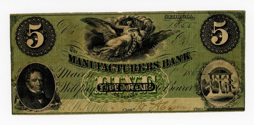 1862 GEORGIA, MACON MANUFACTURERS BANK $5 NOTE (1 of 2)