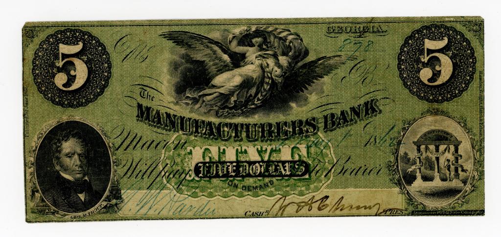 1862 GEORGIA, MACON MANUFACTURERS BANK $5 NOTE (1 of 2)