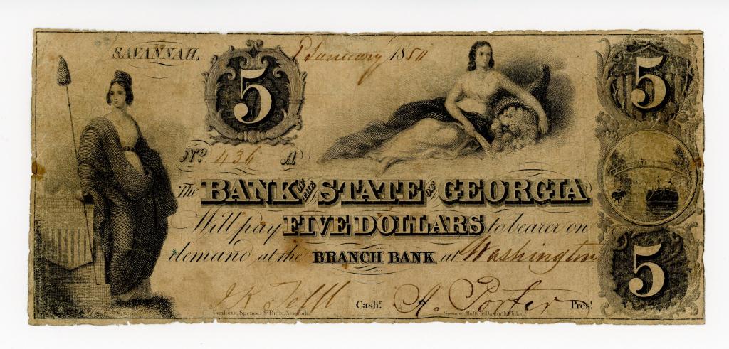 1850 GEORGIA, SAVANNAH $5 DOLLAR BANK NOTE (1 of 2)