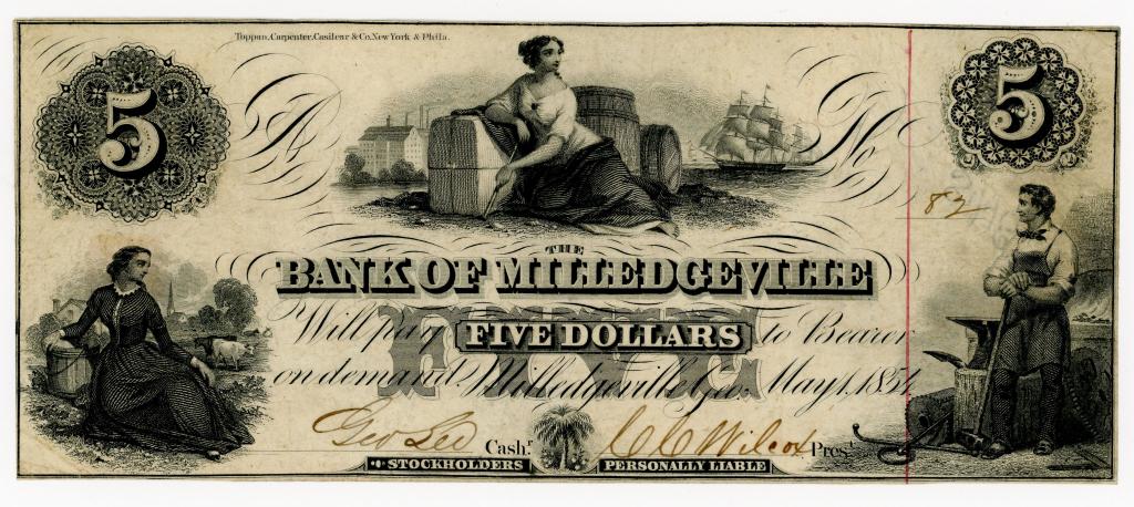 GEORGIA, THE BANK OF MILLEDGEVILLE $5 DOLLARE NOTE: May 1, 1854. Issued during the bank's brief revival in 1854, it includes images of a milkmaid to the left, a maiden seated at the shore looking toward a masted ship, and a worker to the right. Serial 