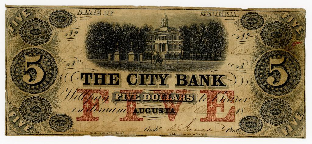 GEORGIA, AUGUSTA, THE CITY BANK $5 DOLLAR NOTE (1 of 2)