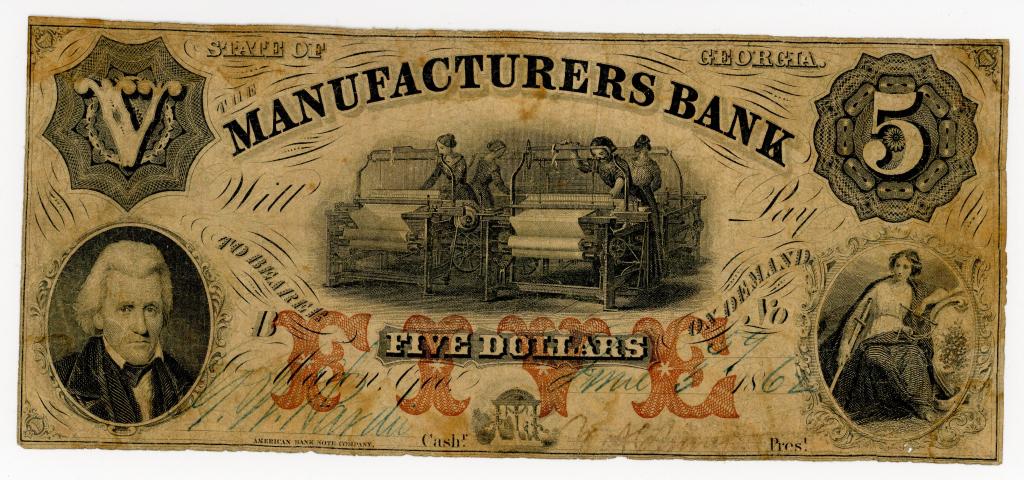 GEORGIA, MACON, THE MANUFACTURERS BANK $5 NOTE (1 of 2)