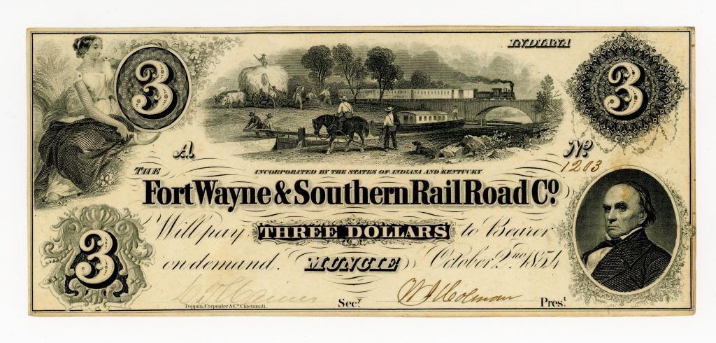 INDIANA, MUNCIE FORT WAYNE & SOUTHERN R.R. $3 NOTE (1 of 2)