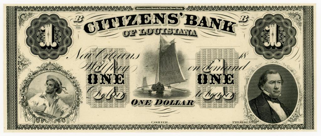 LOUISIANA, NEW ORLEANS CITIZENS' BANK $1 NOTE: Citizens' Bank of Louisiana $1 dollar note. Centralized illustration of a sailboat. Unsigned and uncirculated.