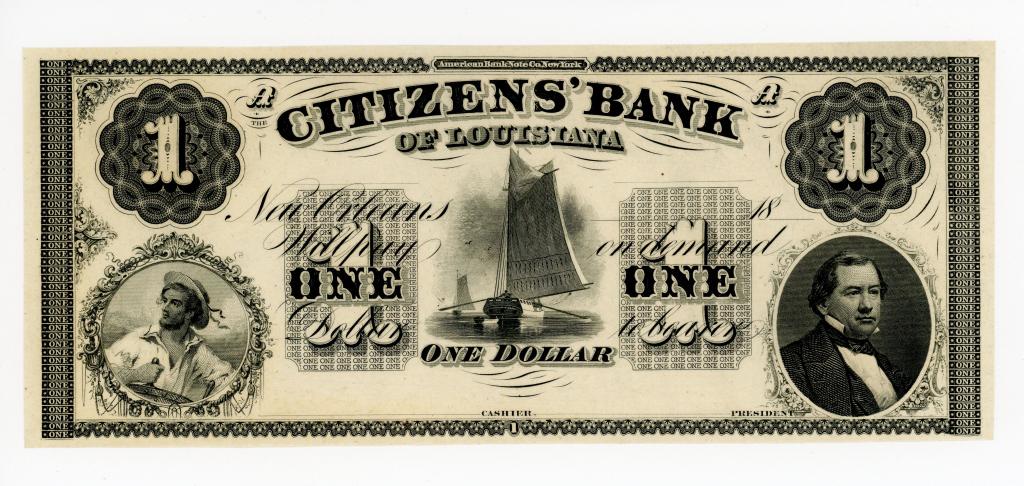 LOUISIANA, NEW ORLEANS CITIZENS' BANK $1 NOTE: 1860s. Nautical vignettes including central large becalmed sailboat, and round portrait of sailor to the left. Right portrait of thirteenth president, Millard Fillmore (1850-1853). Very clean example.