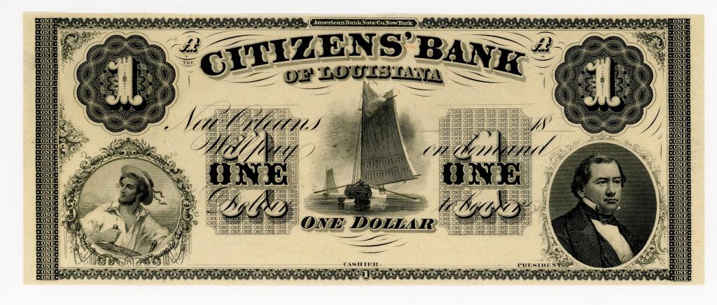 LOUISIANA, NEW ORLEANS CITIZENS' BANK $1 NOTE: 1860s. Nautical vignettes including central large becalmed sailboat, and round portrait of sailor to the left. Right portrait of thirteenth president, Millard Fillmore (1850-1853). Very clean example.