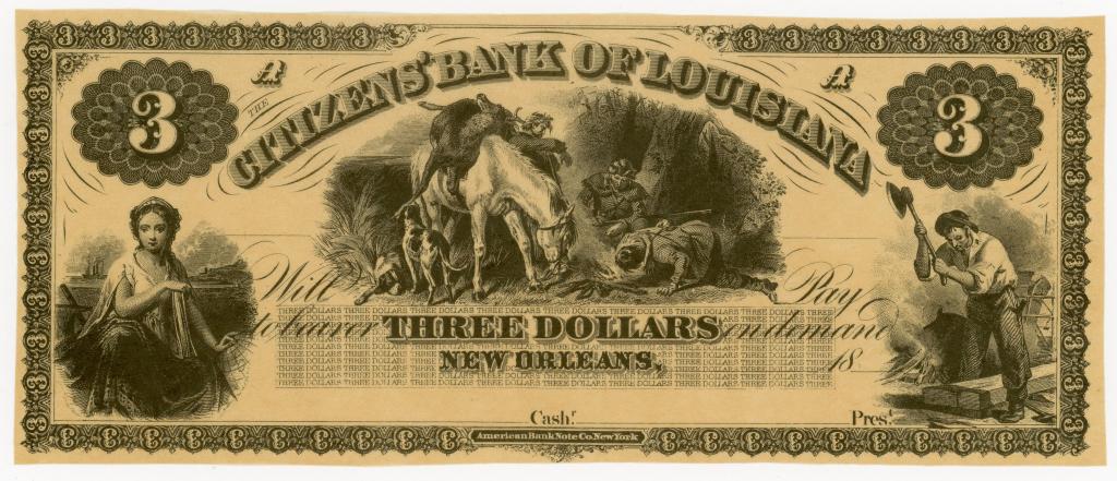 LOUISIANA, NEW ORLEANS CITIZENS' BANK $3 NOTE: Citizens' Bank of Louisiana $3 dollar note. Centralized hunting scene. Unsigned.
