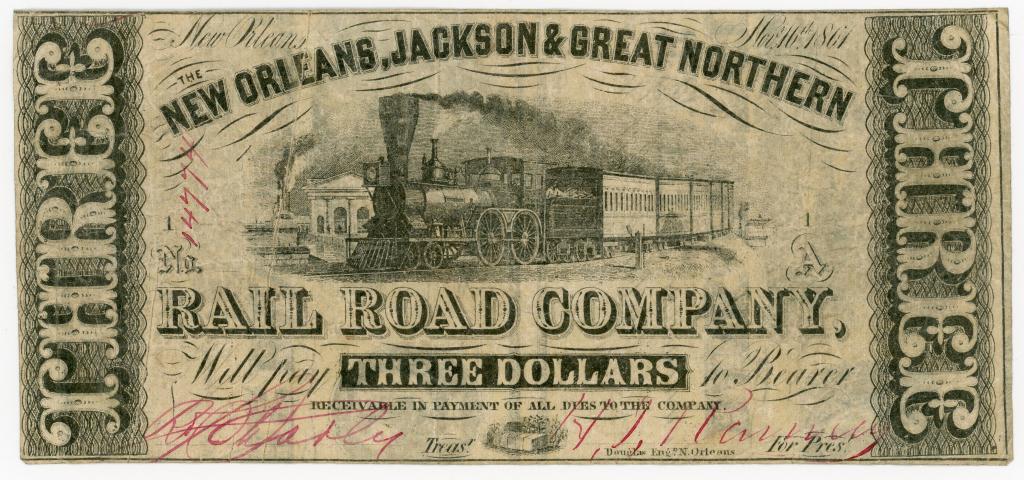 LOUISIANA, NEW ORLEANS RAILROAD COMPANY $3 NOTE: The New Orleans, Jackson & Great Norther Rail Road Company $3 dollar notw. Central illustration of a steam locomotive. Signed. Serial number 14774. Printed by Douglas, Eng. & New Orleans.