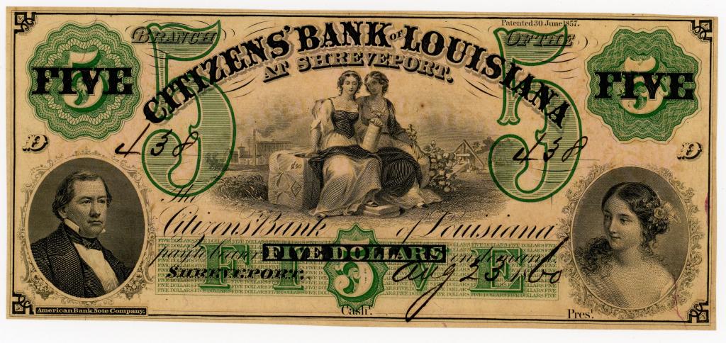 LOUISIANA , SHREVEPORT CITIZENS' BANK $5 NOTE: August 23, 1860. Serial number 438. Green overprints.