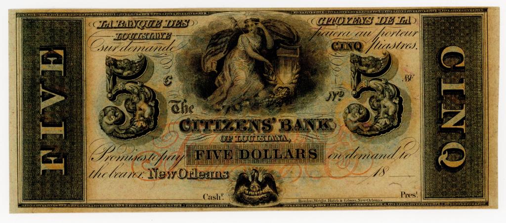 LOUISIANA, NEW ORLEANS THE CITIZENS' BANK $5 NOTE: Ca. 1858. Similar elements and design to the $100. denomination of the same institution, including seated Liberty next to a shield and spilling cornucopia with coins. Cherub [engraved] embedded 5s fla