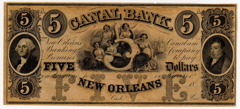 LOUISIANA, NEW ORLEANS CANAL BANK $5 DOLLAR NOTE: 1850s. The center with five allegorical maidens intertwined with 5. Portrait of Washington to the left and Lafayette to the right. Beautifully printed red reverse with V and maiden flanked by elaborat