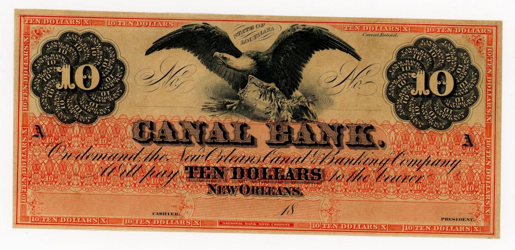 LOUISIANA, NEW ORLEANS CANAL BANK $10 NOTE: Canal Bank $10 dollar note. Central eagle illustraion. Red ground, unsigned, dated 18XX.