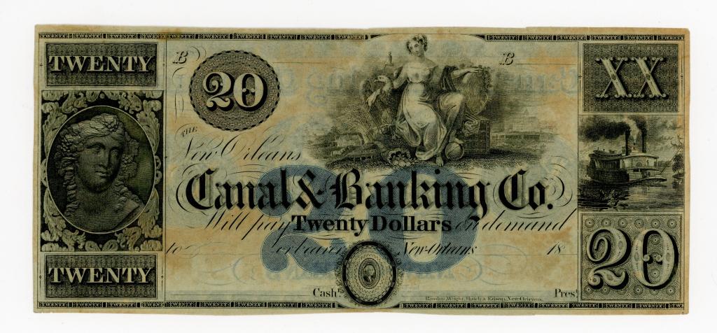 LOUISIANA, NEW ORLEANS CANAL BANKING CO. $20 NOTE: Canal & Banking Co. $20 dollar note. Central illustration depicts Lady Liberty and eagle. Unsigned, dated 18__. Printed by Rawdon, Wright, Hatch & Edson, New Orleans.