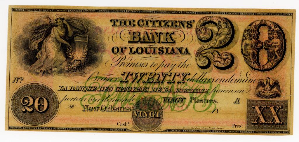 LOUISIANA, NEW ORLEANS THE CITIZENS' BANK $20 NOTE: Ca. 1858. Similar elements and design to the $100. denomination of the same institution, including seated Liberty next to a shield and spilling cornucopia with coins. Cherub embedded 20 to the right. 
