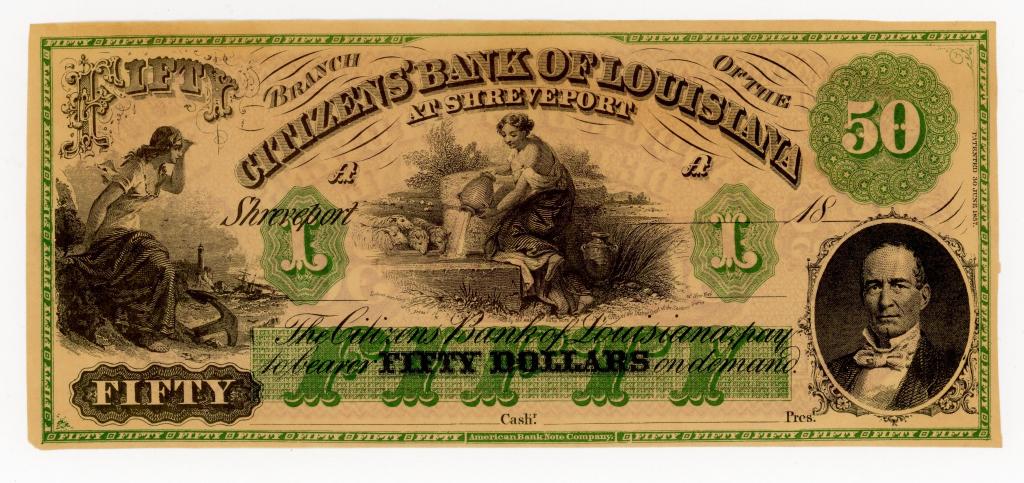 LOUISIANA, SHREVEPORT CITIZENS' BANK $50 NOTE: Citizens' Bank of Louisiana at Shreveport $50 dollar note. Green with orange reverse. Unsigned.