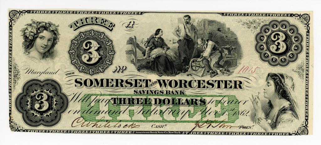 MARYLAND, SALISBURY SOMERSET & WORCESTER $3 NOTE (1 of 2)