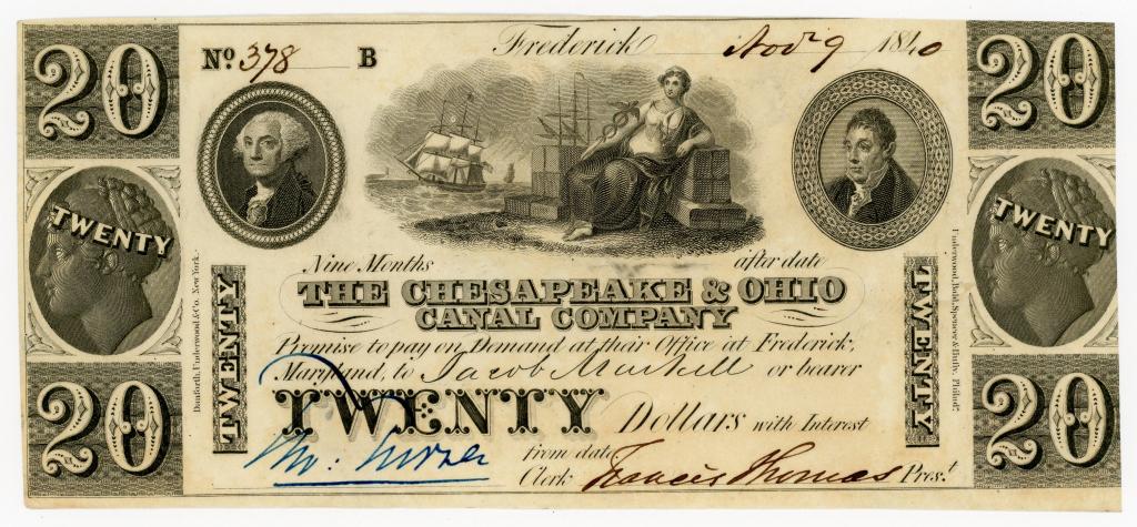 MARYLAND, FREDERICK $20 CANAL COMPANY NOTE: November 9, 1840. The Chesapeake & Ohio Canal Company $20 dollar note. Serial number 378. Signed and dated. Printed by Danforth, Underwood & Co., New York.