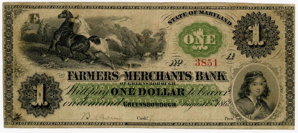MARYLAND, GREENSBOROUGH $1 DOLLAR BANK NOTE: August 15, 1862. The Farmers and Merchants Bank of Greensborough $1 dollar note. Signed. Serial number 3851.