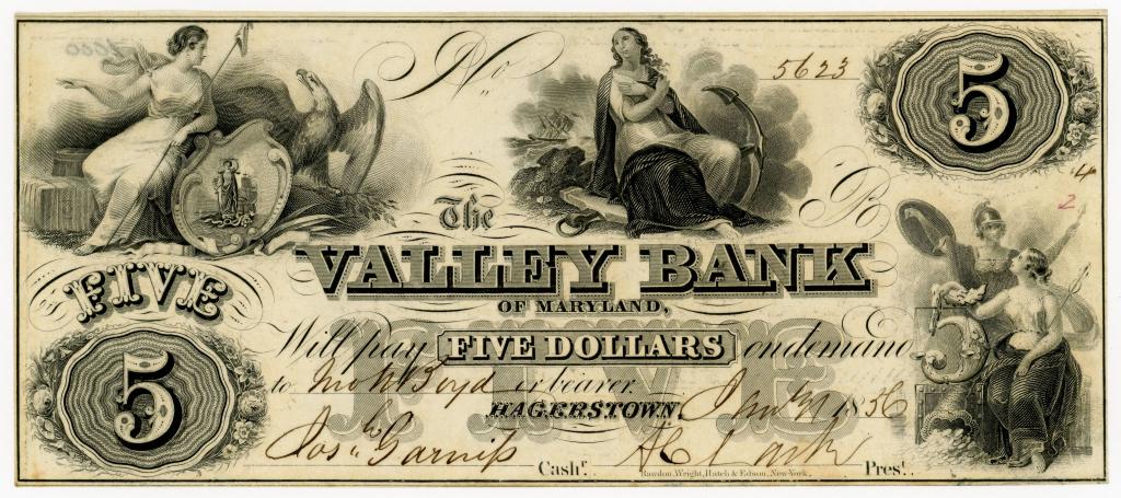 MARYLAND, HAGERSTOWN VALLEY BANK $5 DOLLAR NOTE (1 of 2)