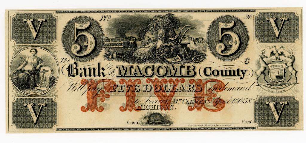 MICHIGAN, MT. CLEMENS BANK OF MACOMB $5.00 NOTE (1 of 2)