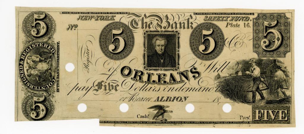 NEW YORK, ALBION BANK OF ORLEANS $5 DOLLAR NOTE (1 of 2)