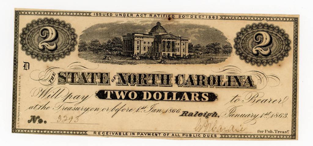 NORTH CAROLINA, RALEIGH $2 DOLLAR NOTE: January 1, 1863. The State of North Carolina $2 dollar note. Serial number 3293. Signed.