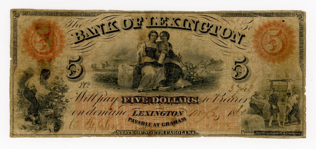 NORTH CAROLINA, GRAHAM. BANK OF LEXINGTON $5 NOTE: May 8, 1860. Bank of Lexington $5 dollar note. Serial number 3740. Signed and dated.