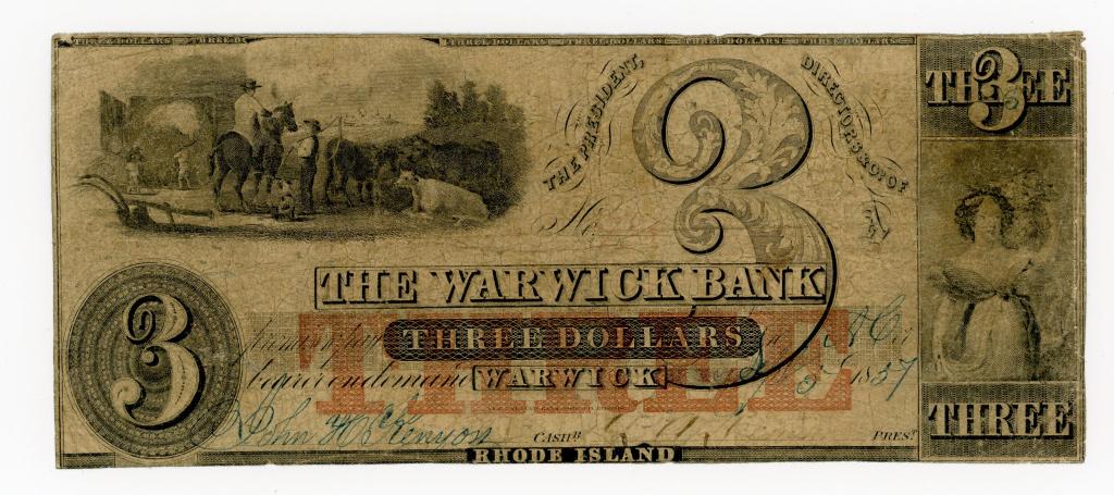RHODE ISLAND, WARWICK BANK $3 DOLLAR NOTE (1 of 2)
