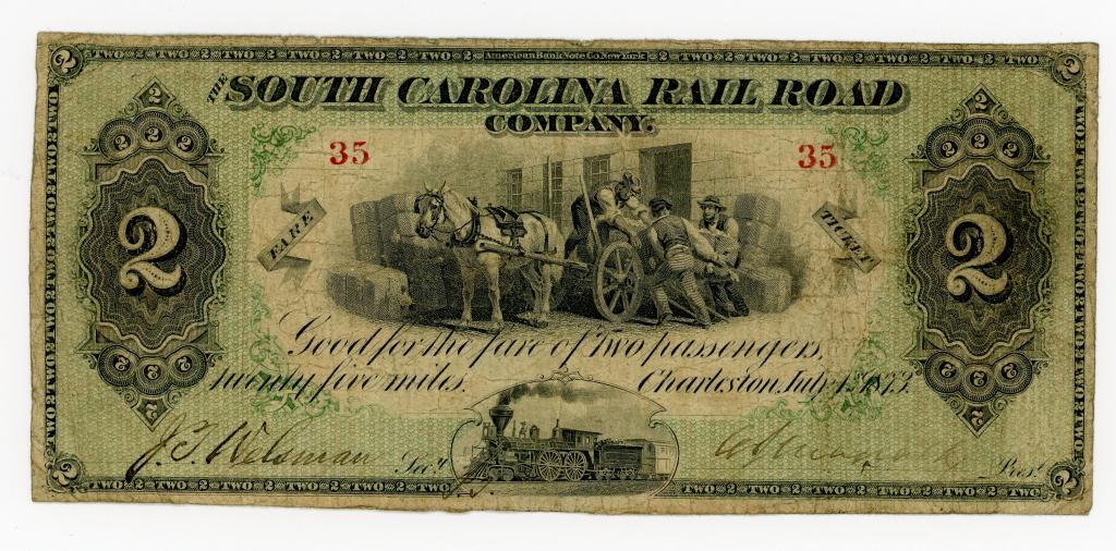 SOUTH CAROLINA, CHARLESTON RAILROAD $2 DOLLAR NOTE (1 of 2)