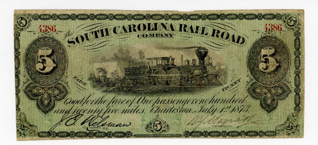 SOUTH CAROLINA, CHARLESTON RAILROAD $5 DOLLAR NOTE (1 of 2)
