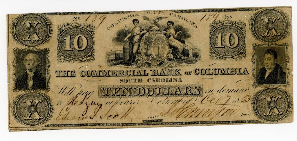 SOUTH CAROLINA, COLUMBIA $10 DOLLAR BANK NOTE (1 of 2)