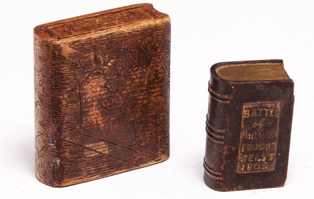TWO AMERICAN CARVED WOODEN BOOKS. (1 of 3)