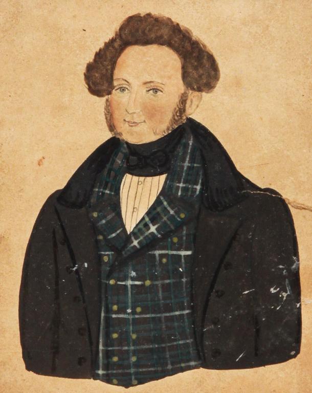 AMERICAN PORTRAIT OF A GENTLEMAN.: Second quarter 19th century, watercolor on paper. Jovial man in plaid vest. Back has faint notation "6/4 Shop of Marshall"(?) Stains, tear and backing board has been painted brown which stained painti