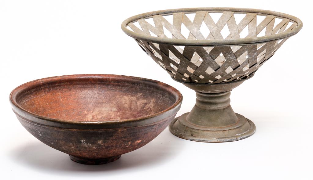 REDWARE BOWL AND TIN COMPOTE. (1 of 3)