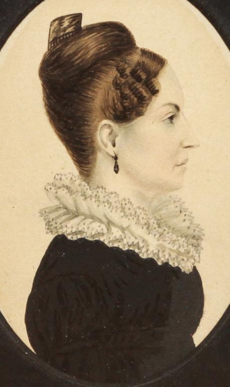 AMERICAN PORTRAIT OF A WOMAN.: First quarter 19th century, watercolor on paper. Finely detailed profile of "Ann Allen Usterhout. Born in Newport, RI". Gilt frame, 7"h. 6"w.
