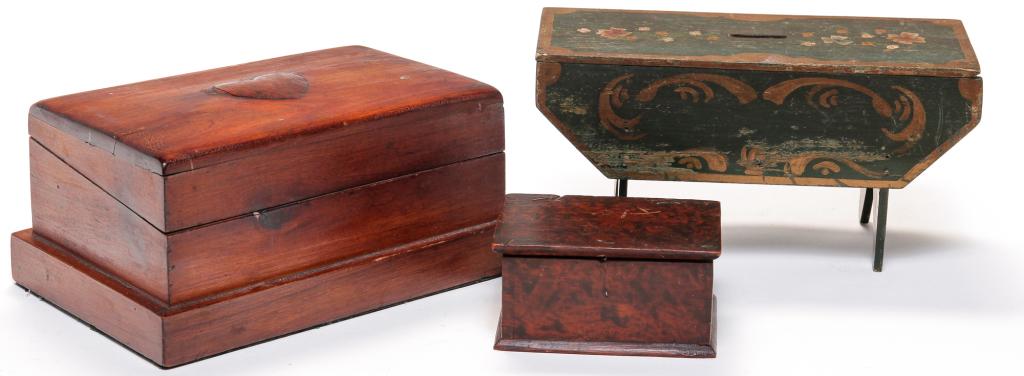 TWO AMERICAN MINIATURE BOXES AND BANK. (1 of 4)